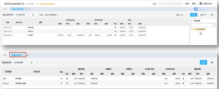 云会计数量金额总账和数量金额明细账查询操作