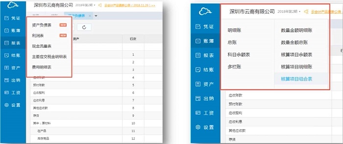 云会计报表选项